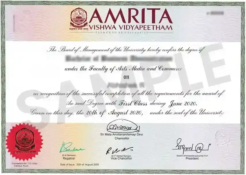 Amrita University Sample Certificate