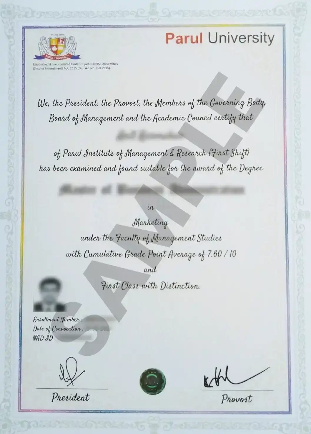 Parul University Sample Certificate