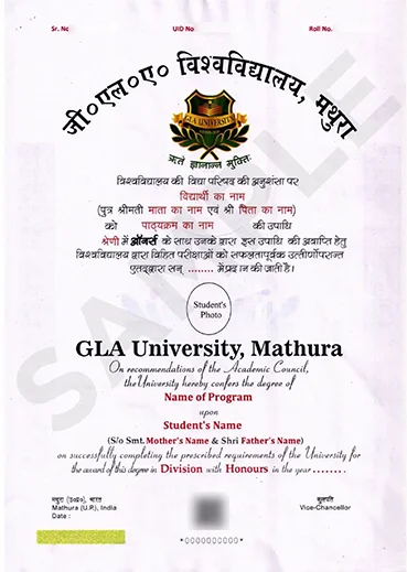 GLA University Sample Certificate