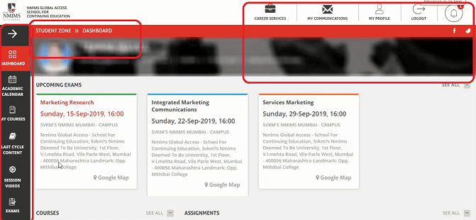 NMIMS Student Zone Dashboard after Login