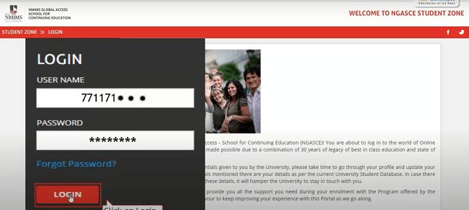 NMIMS Student Zone Login Page – Web Browser Step 1
