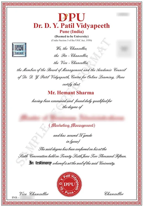 DY Patil University Sample Certificate