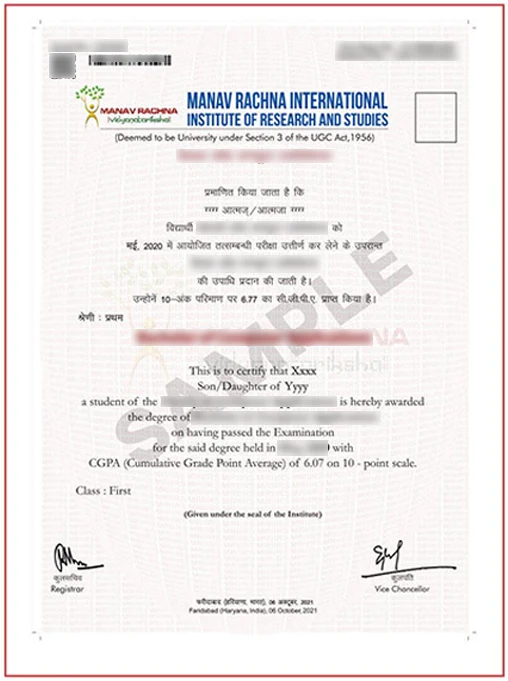 Manav Rachna University Online Sample Certificate