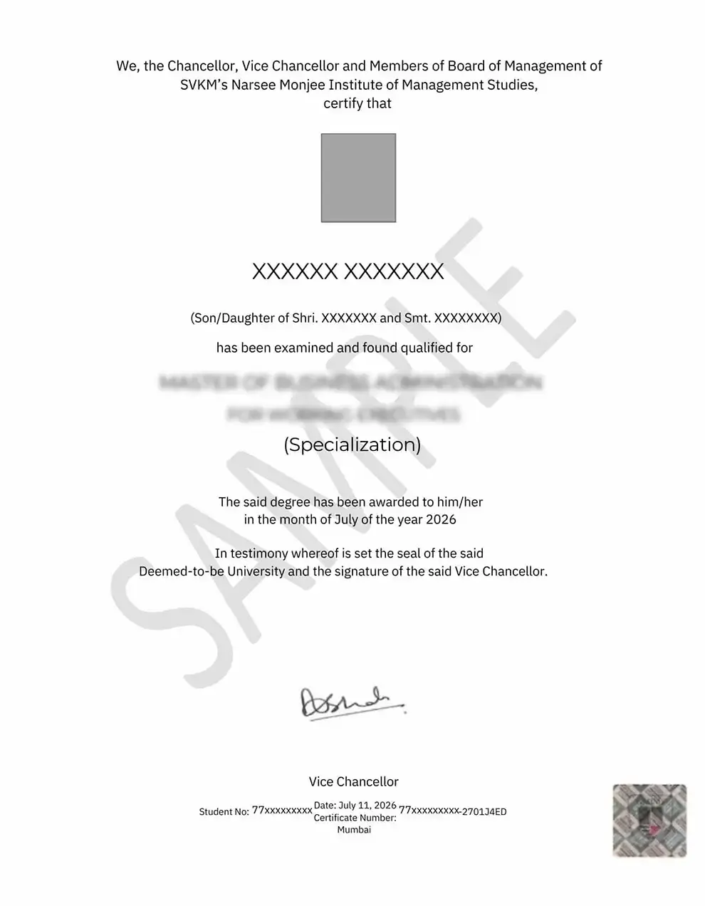 NMIMS Sample Certificate