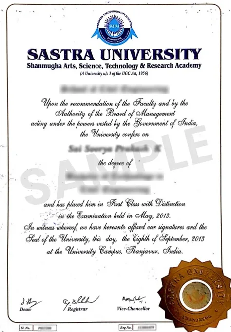 SASTRA Sample Certificate
