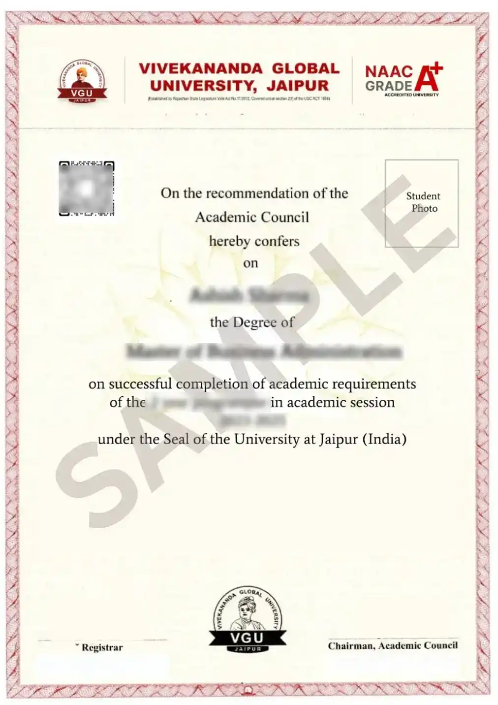 Vivekananda Global University Online Sample Degree Certificate