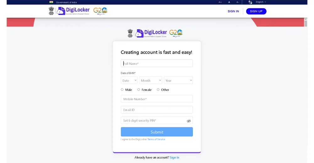 DigiLocker ABC ID registration page