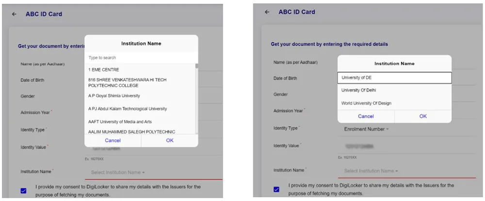 ABC ID identity type selection