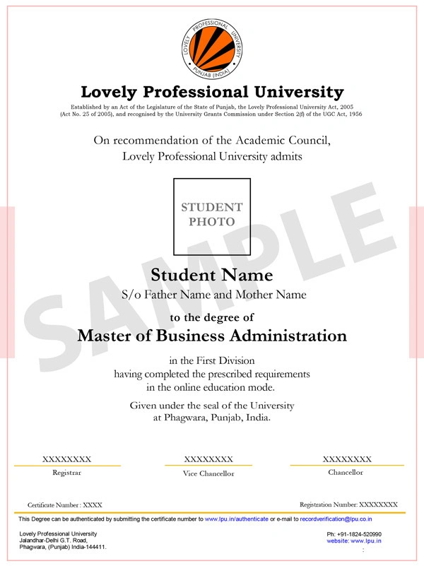 LPU Online MBA sample degree certificate